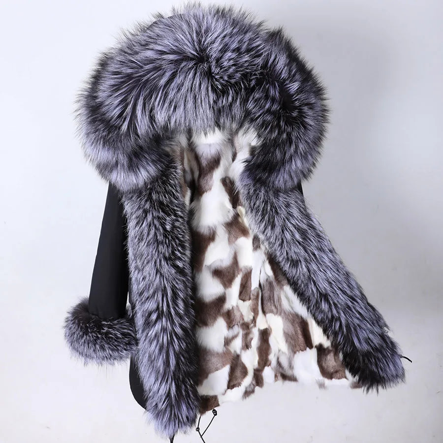 Parka invernale da donna con cappuccio, pelliccia rosa e fodera calda