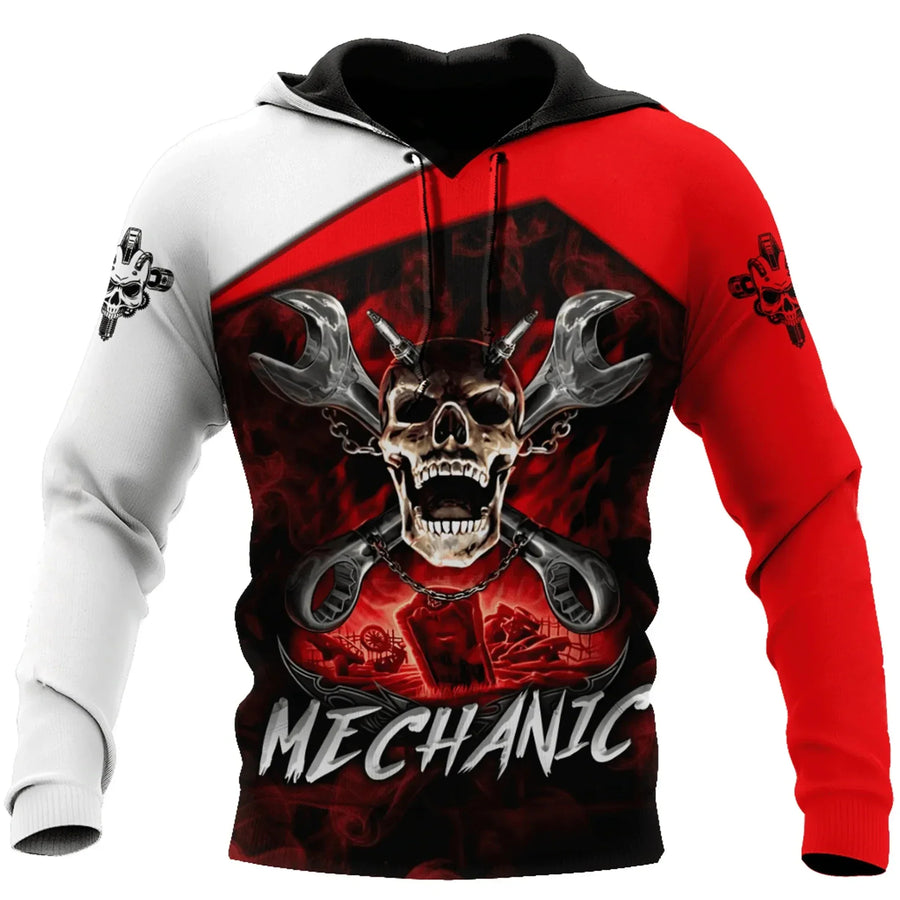 Sweat à Capuche Homme Imprimé Mécanicien Moteur Engrenages Outils