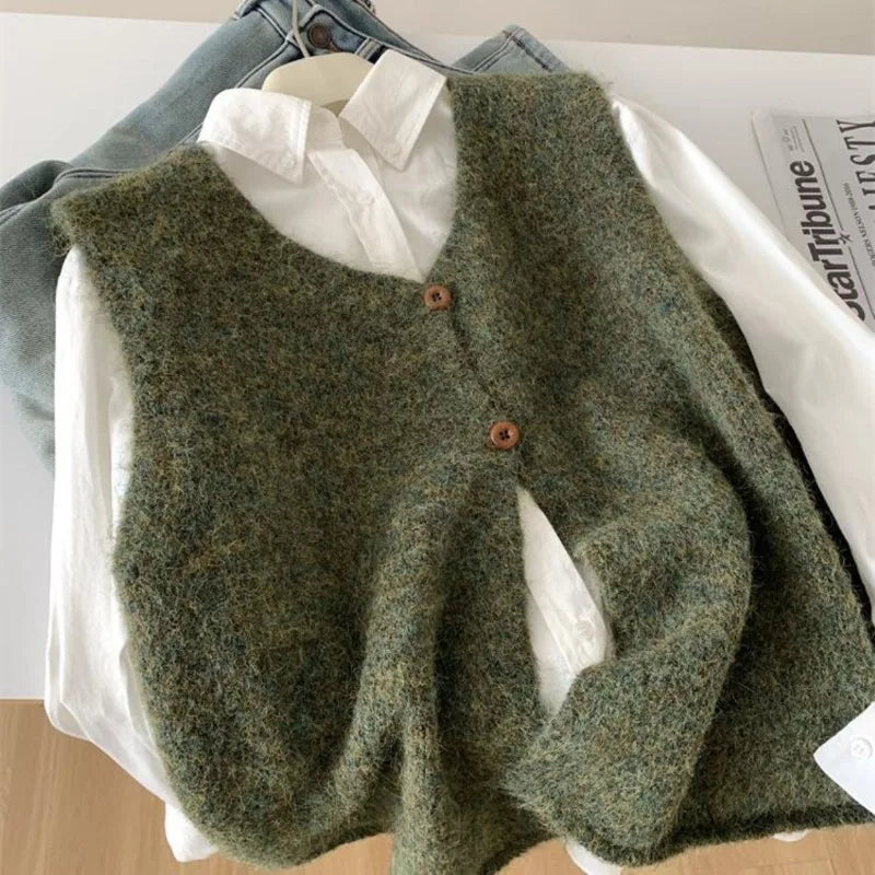 Gilet sans manches en maille col V pour femme, boutons décoratifs