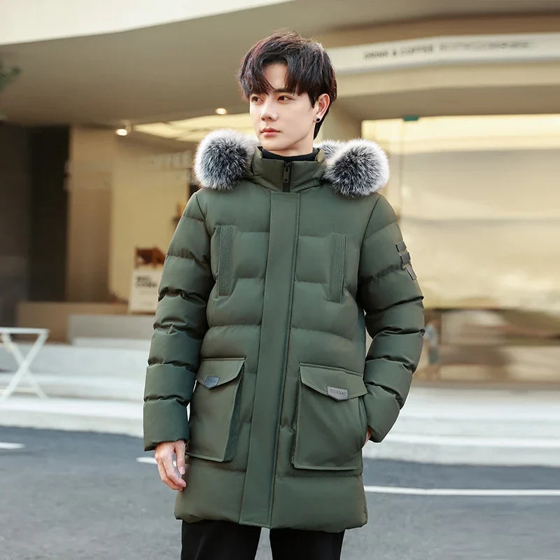 Men's Long Hooded Puffer Jacket with Removable Fur Trim, Casual Style