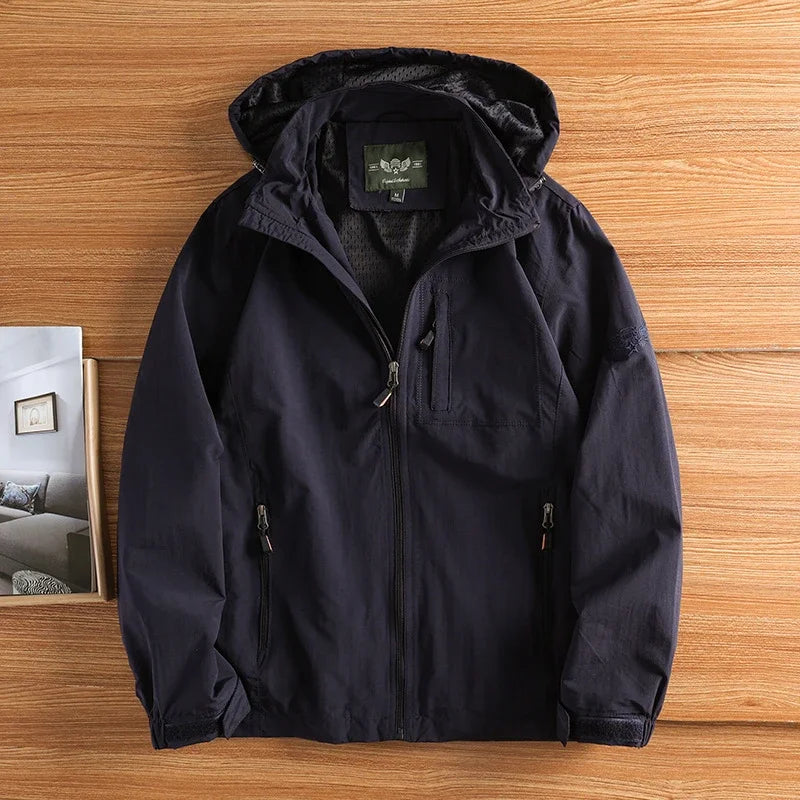 Giacca da uomo con cappuccio rimovibile, fodera in pile, chiusura con zip, beige kaki
