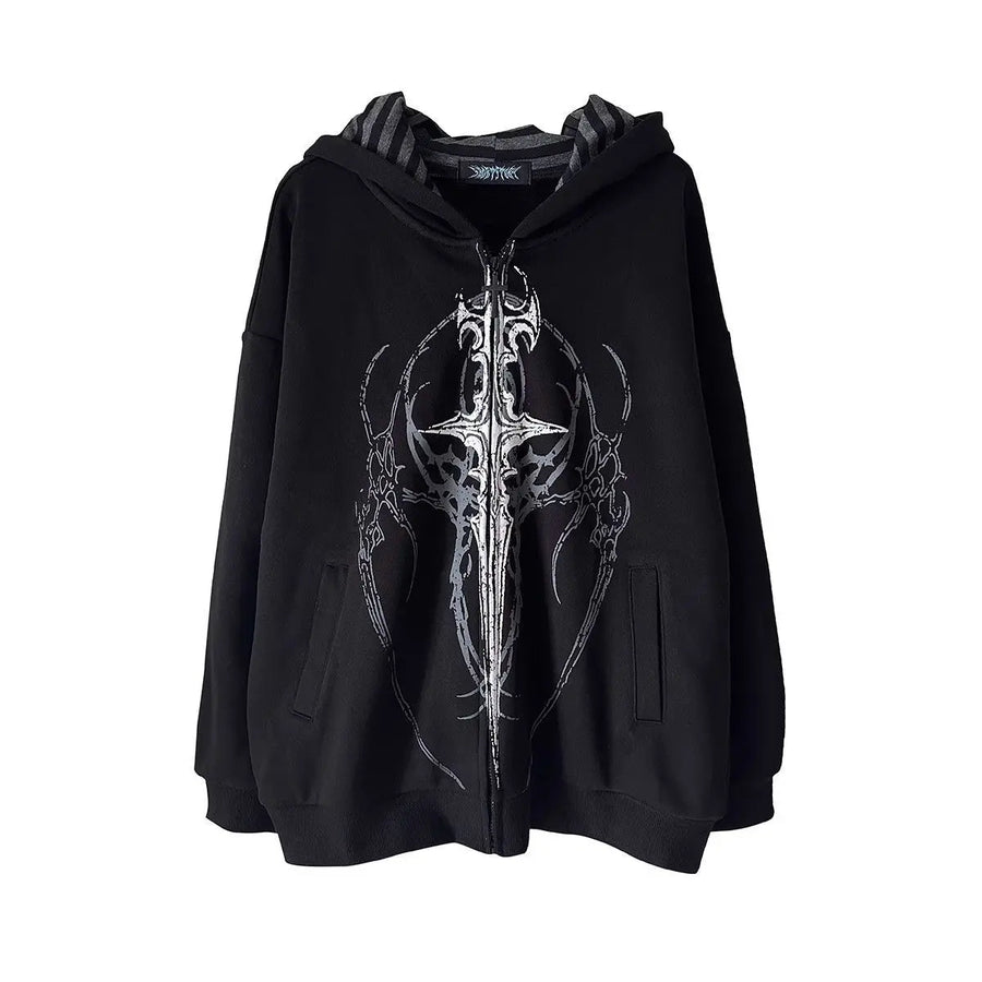 Felpa oversize nera con cappuccio, zip e stampa gotica