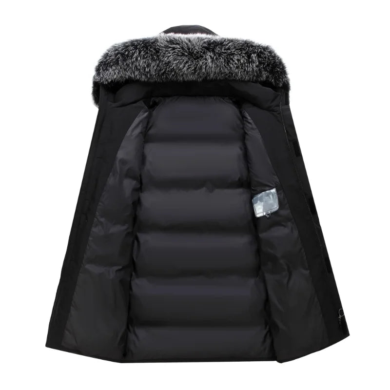 Parka longue homme matelassée avec capuche bordée de fourrure synthétique