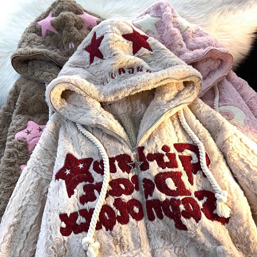 Sweat à Capuche Doux Fermeture Éclair Étoiles Brodés Crème Rouge