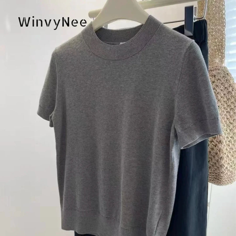 Women's solid-color short-sleeve knit T-shirt with a high neck