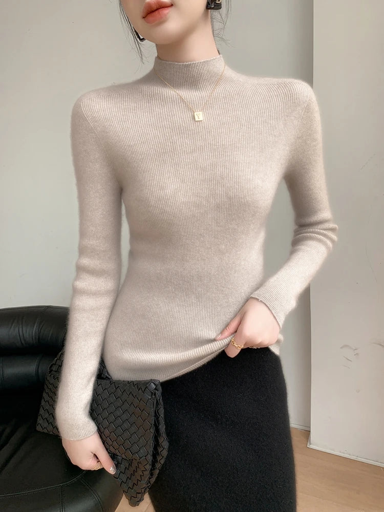 Pull col montant côtelé doux à manches longues pour femme