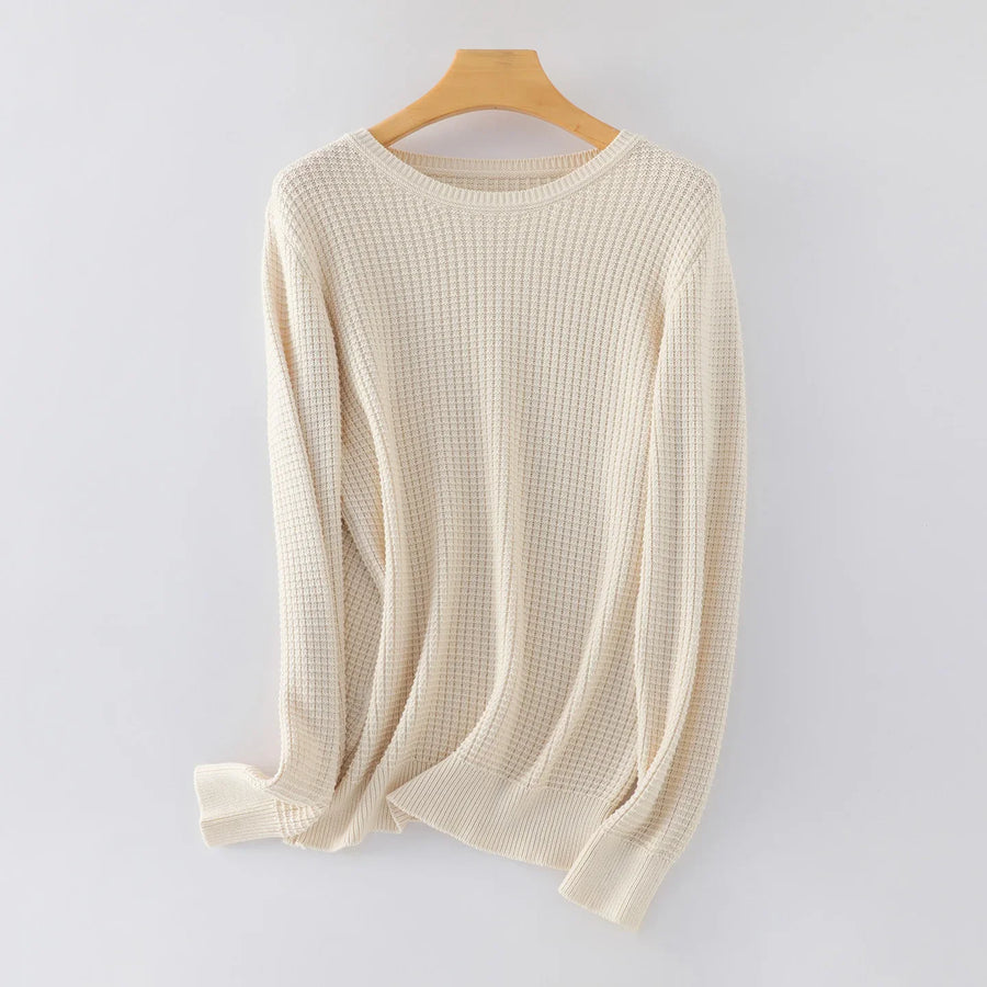 Jersey de punto gofrado de manga larga y cuello redondo para mujer