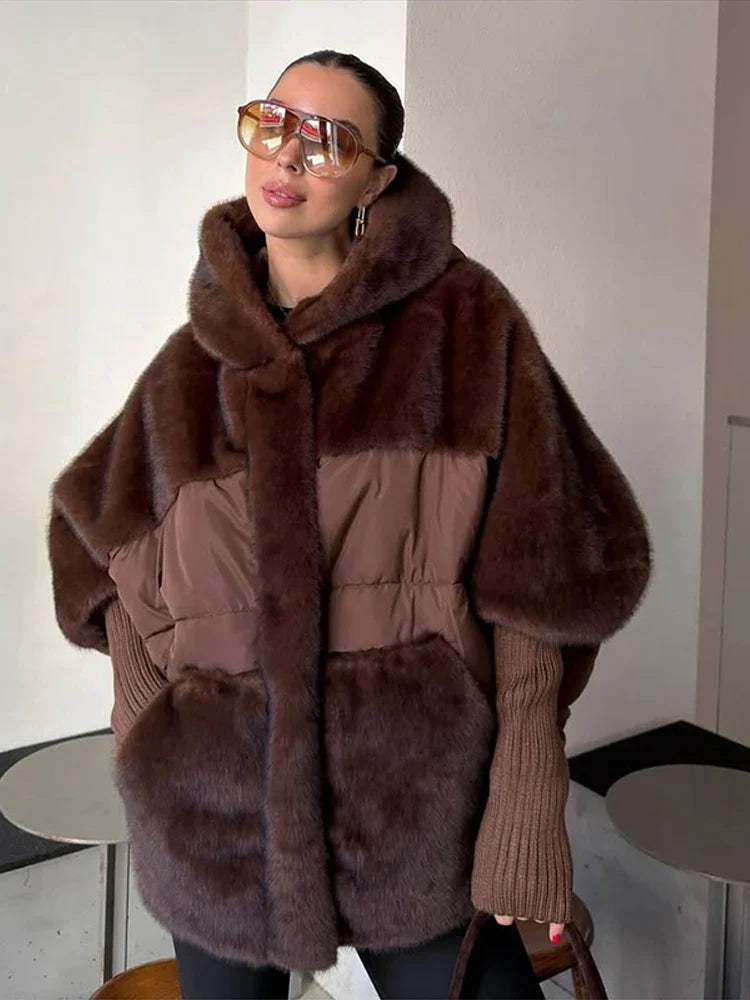 Manteau Femme Hiver Doux Capuche Panneaux Fausse Fourrure Matelassé Manches Longues