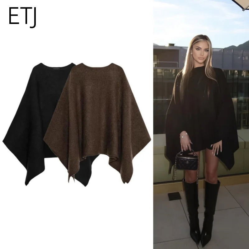 Elegant, varm poncho til damer i sort eller brun, løs pasform til udendørs brug