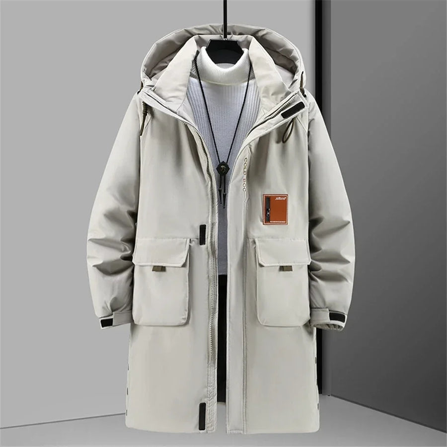 Men's long hooded padded coat - Beige, flap pockets