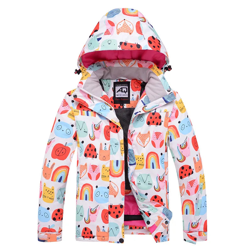 Veste de ski imperméable multicolore à capuche et motif abstrait pour sports d'hiver