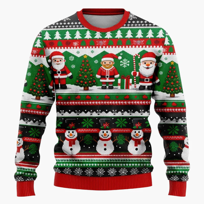 Maglione di Natale fantasia unisex – Scena festiva con Babbo Natale e pupazzo di neve, ideale per feste e regali