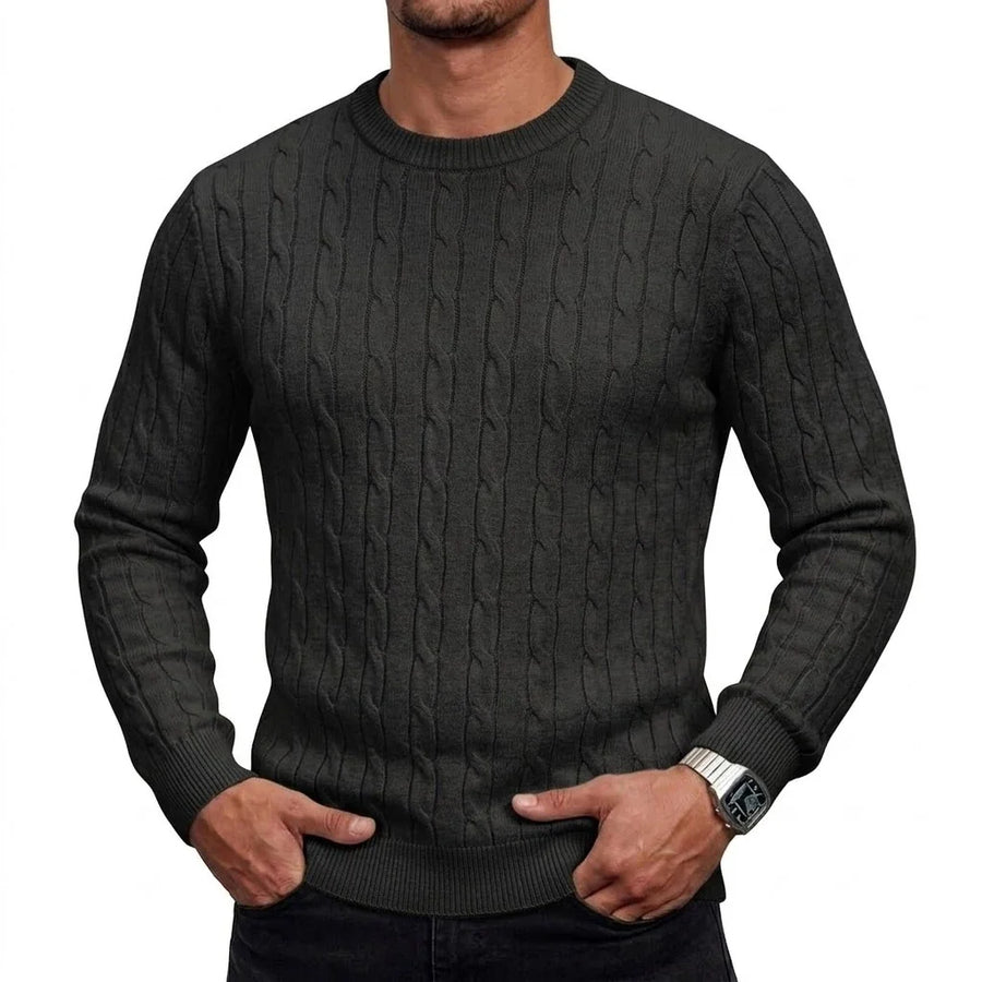 Jersey de hombre de punto trenzado, cuello redondo, manga larga y color liso