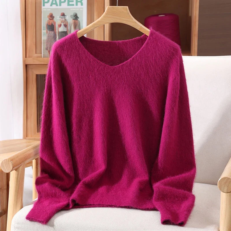 Maglione donna confortevole a collo a V, con maniche lunghe, in materiale morbido