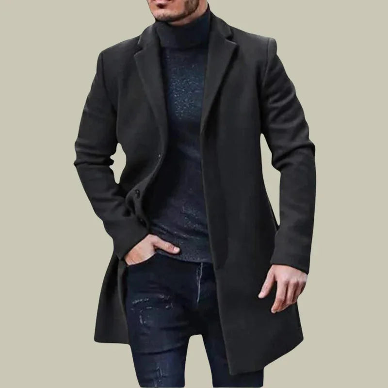 Cappotto lungo da uomo tinta unita con colletto a revers dentellati e monopetto per l'inverno