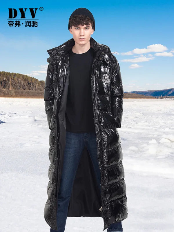 Men's long shiny black hooded puffer coat