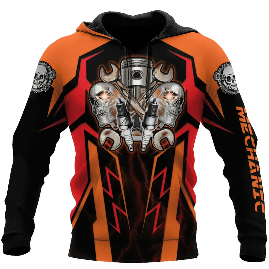 Sweat à Capuche Homme Imprimé Mécanicien Moteur Engrenages Outils