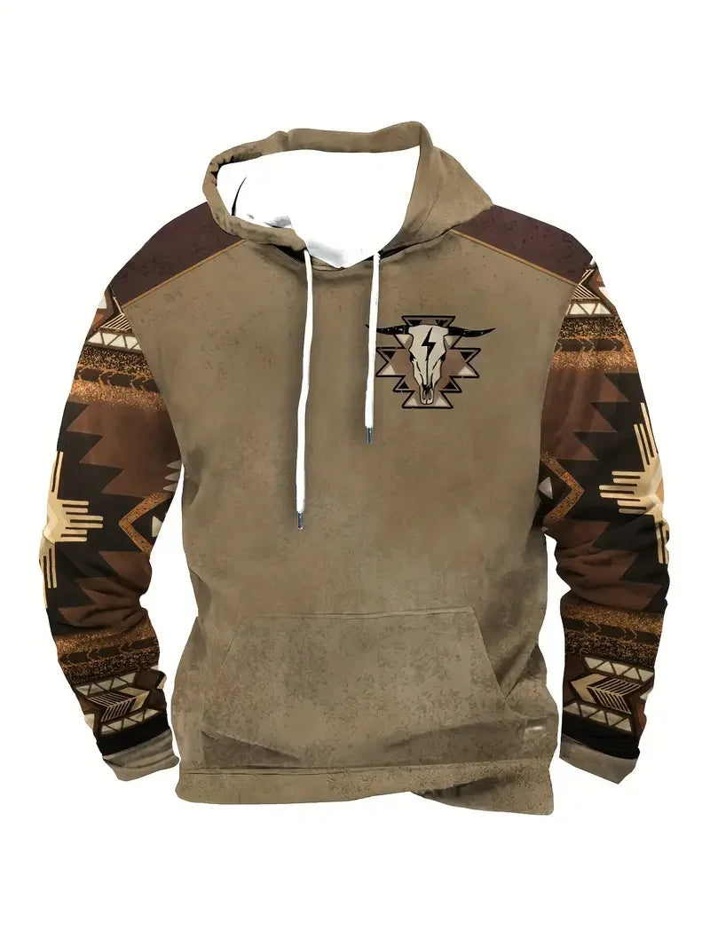 Sweat à Capuche Homme Motif Crâne de Taureau Tribal Vert Kaki