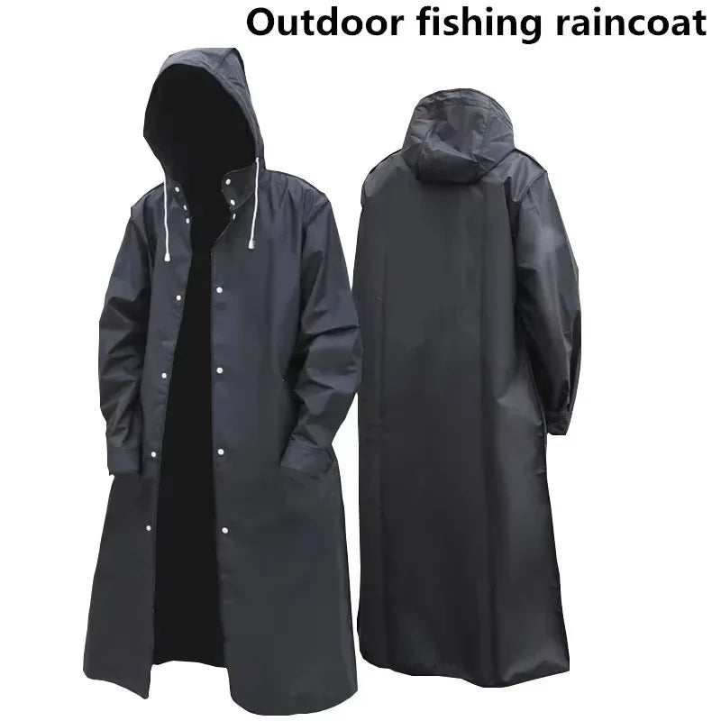 Imperméable Long Noir Unisexe avec Capuche et Boutons