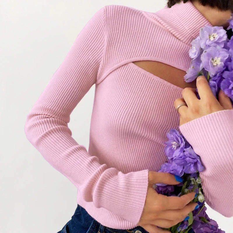 Top acanalado de cuello alto para mujer, con abertura en el busto y mangas largas