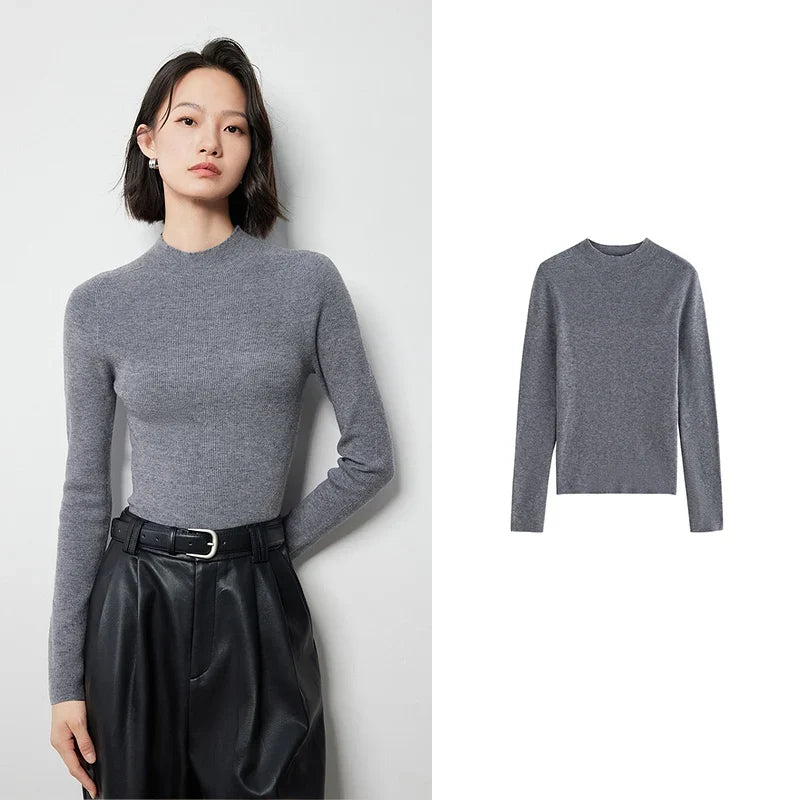 Maglione sottile casual da donna a maniche lunghe con collo alto a coste