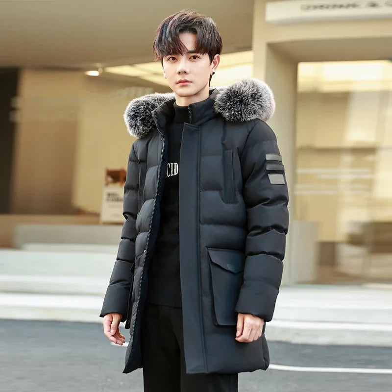 Men's Long Hooded Puffer Jacket with Removable Fur Trim, Casual Style