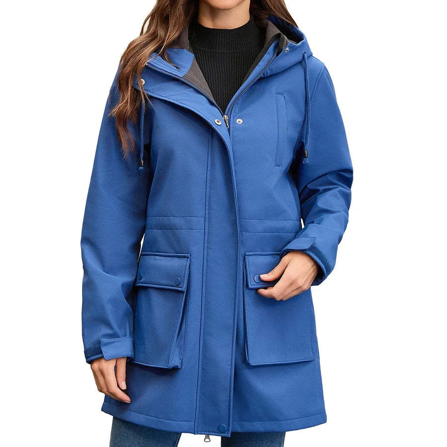 Vanntett parkas for kvinner med hette og lommer, mellomlang
