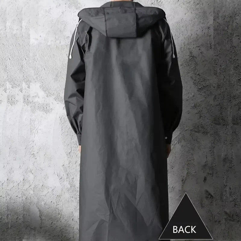 Imperméable Long Noir Unisexe avec Capuche et Boutons
