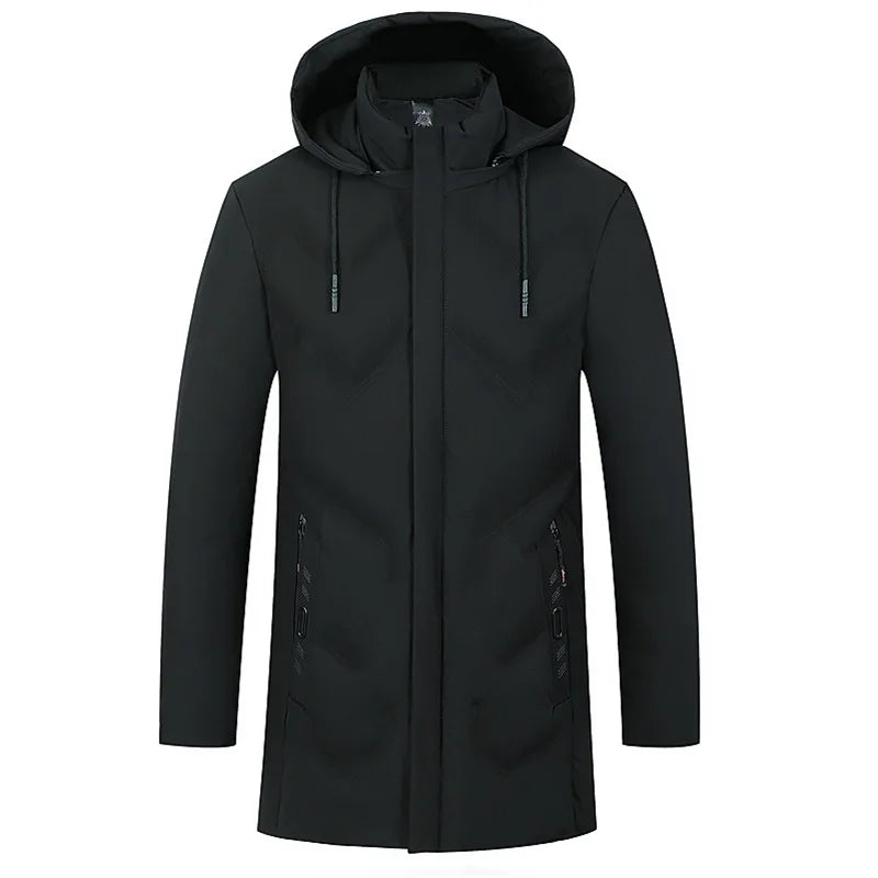 Cappotto lungo da uomo con cappuccio e chiusura a cerniera, nero