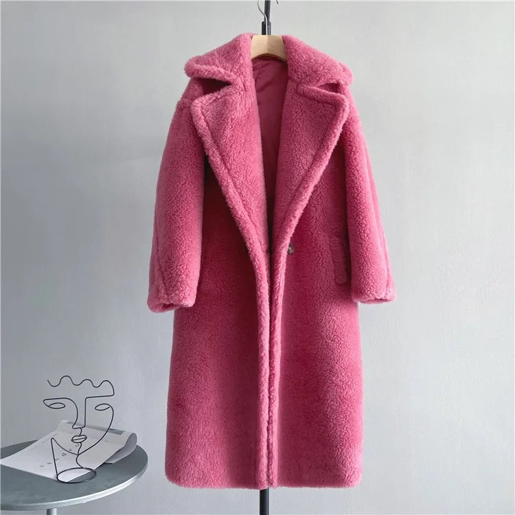 Manteau long femme teddy effet mouton marron chaud