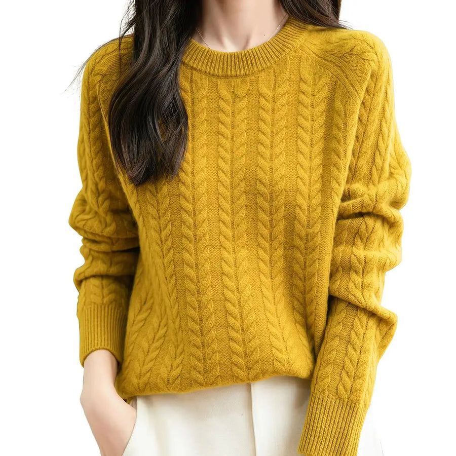 Women's soft cable-knit crew-neck sweater with long sleeves