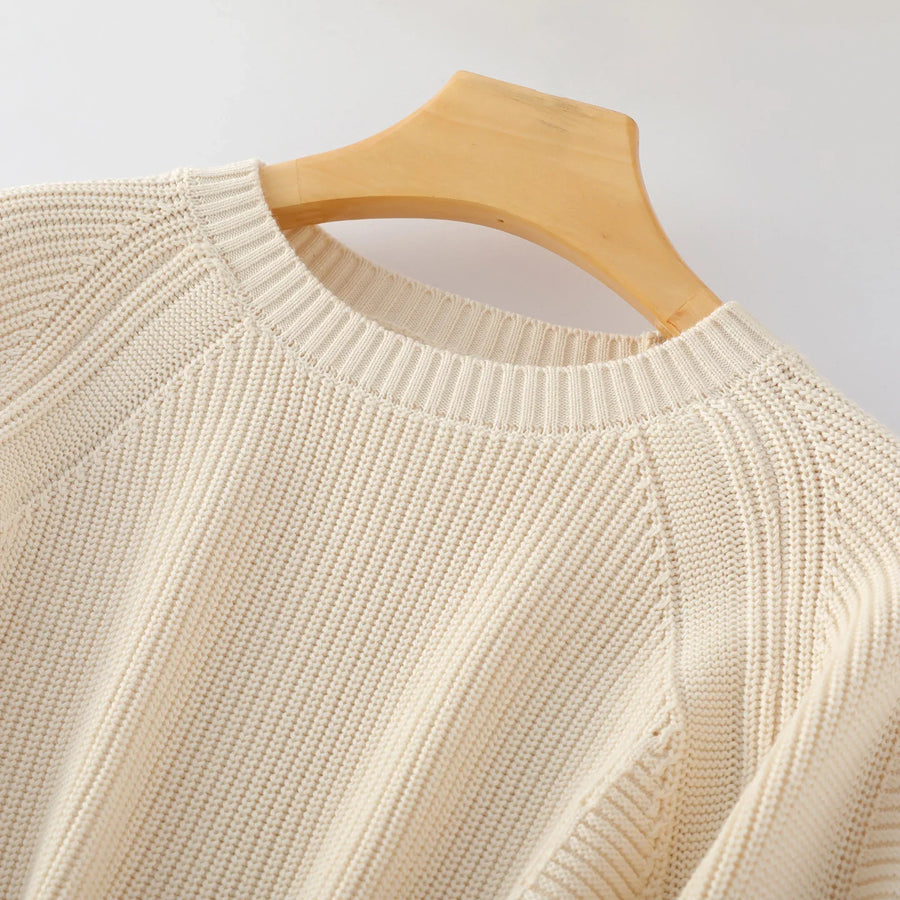 Maglione da donna lavorato a maglia con collo rotondo, maniche lunghe raglan, colore a tinta unita, stile casual