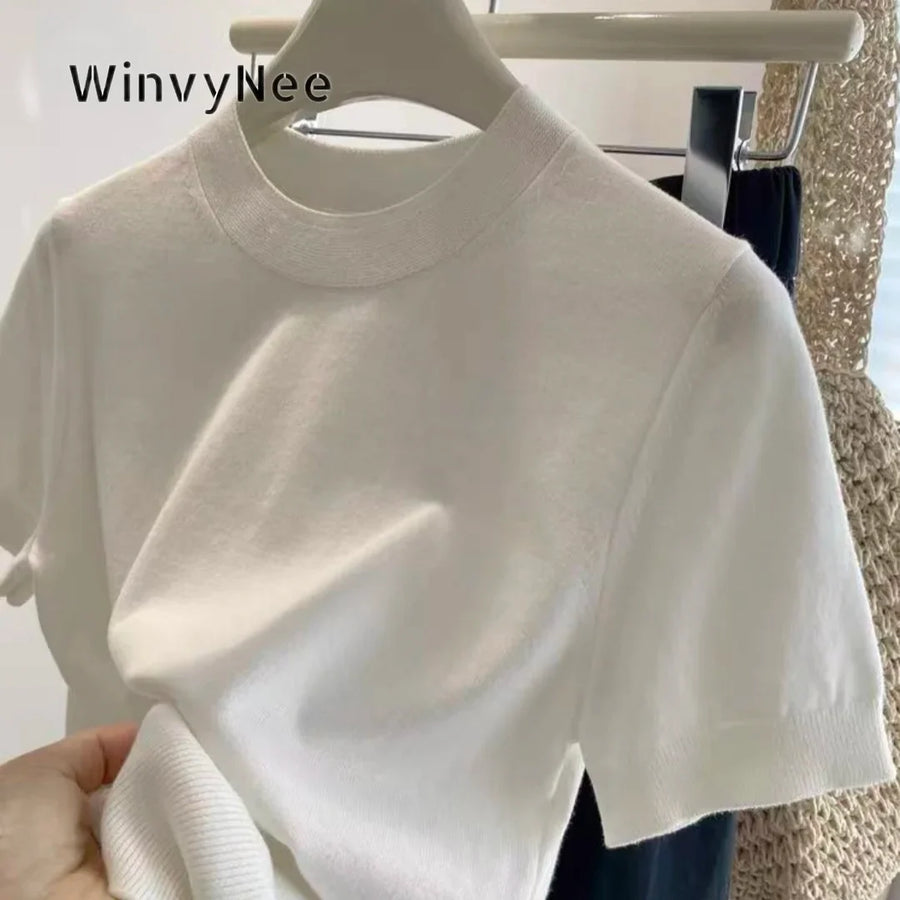 Women's solid-color short-sleeve knit T-shirt with a high neck