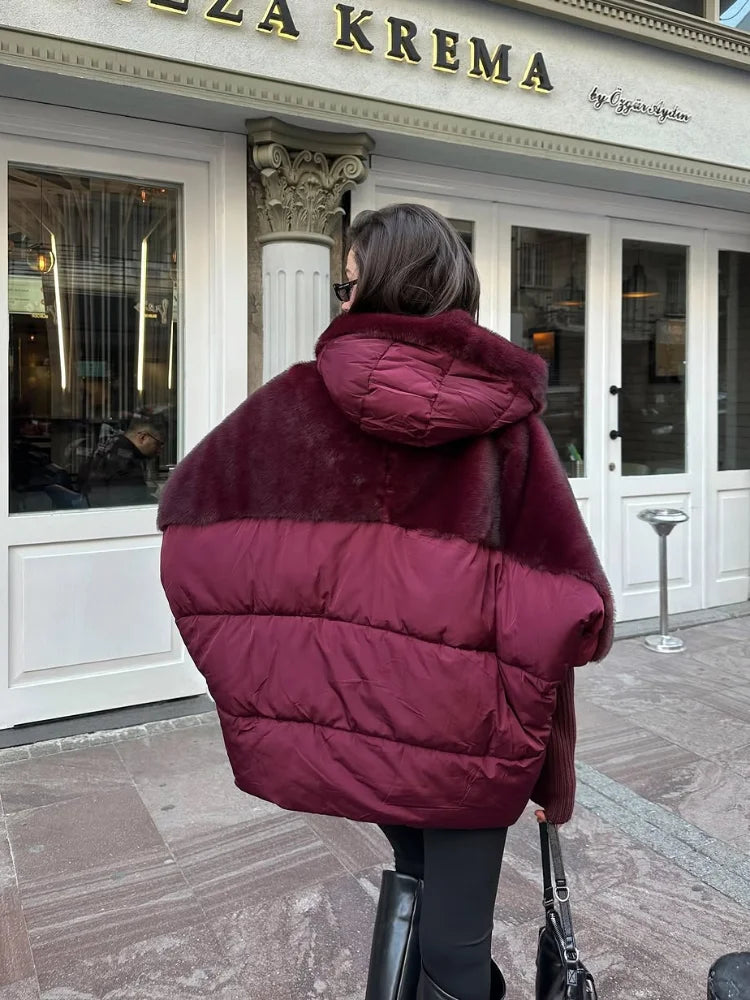 Manteau Femme Hiver Doux Capuche Panneaux Fausse Fourrure Matelassé Manches Longues