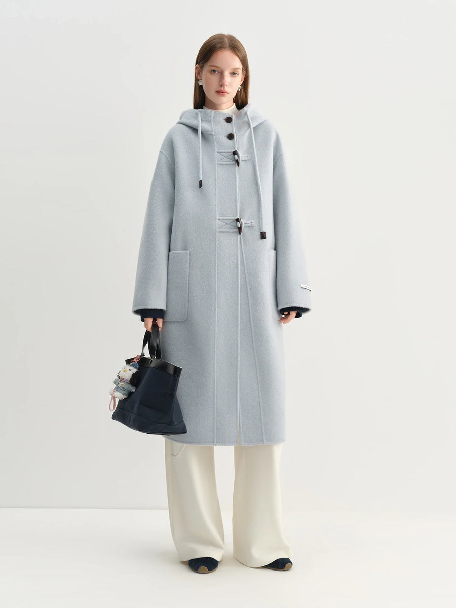 Women's Long Hooded Duffle Coat with Toggle Fastenings and Patch Pockets
