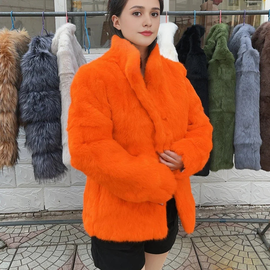 Veste courte femme en fourrure synthétique élégante, col montant, manches longues