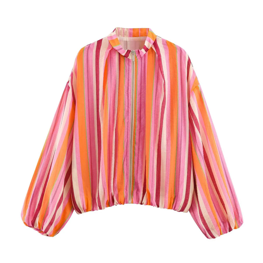 Women's lightweight zip-up jacket with stand collar, puff sleeves, assorted colors