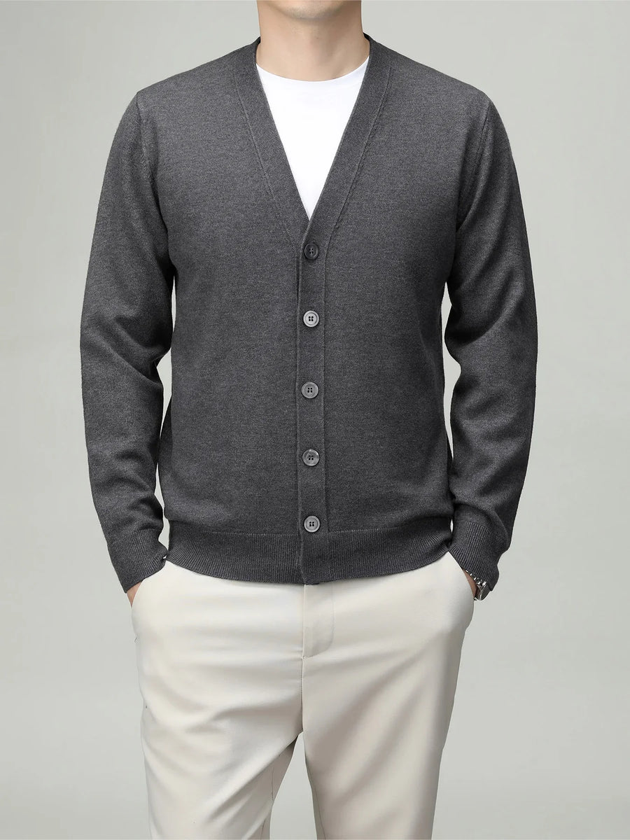 Chaleco cardigan ligero de color liso para hombre con cuello de pico, botones y mangas largas