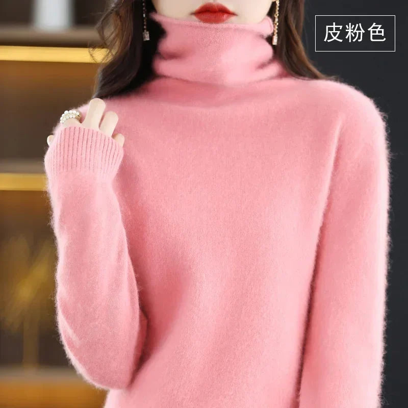 Pull col roulé femme en tricot doux, manches longues uni
