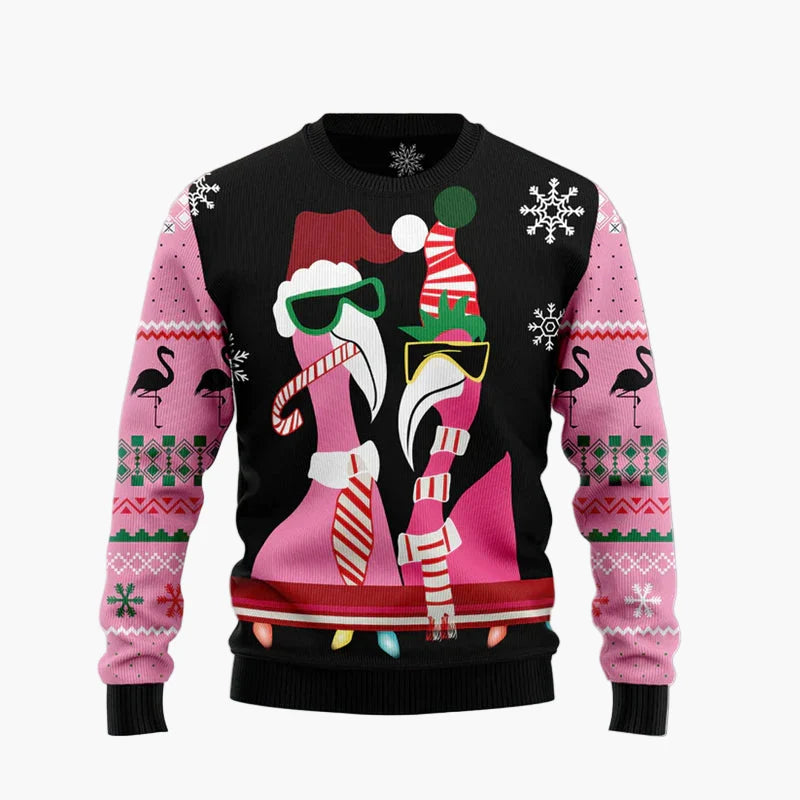 Unisex julegenser i "Ugly Christmas Sweater"-stil med flamingoer og humoristisk budskap