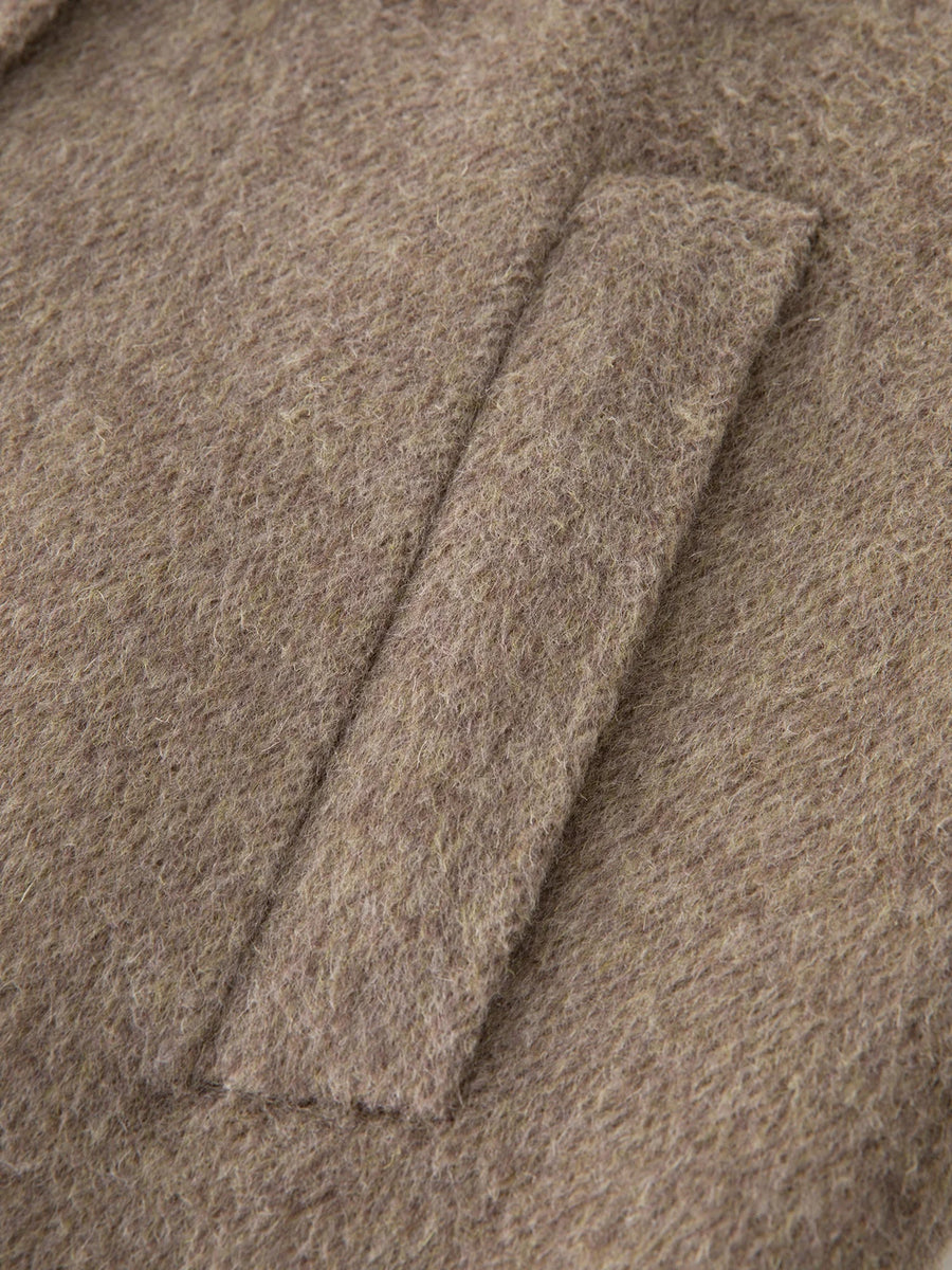 Manteau long femme taupe ceinturé col montant double boutonnage