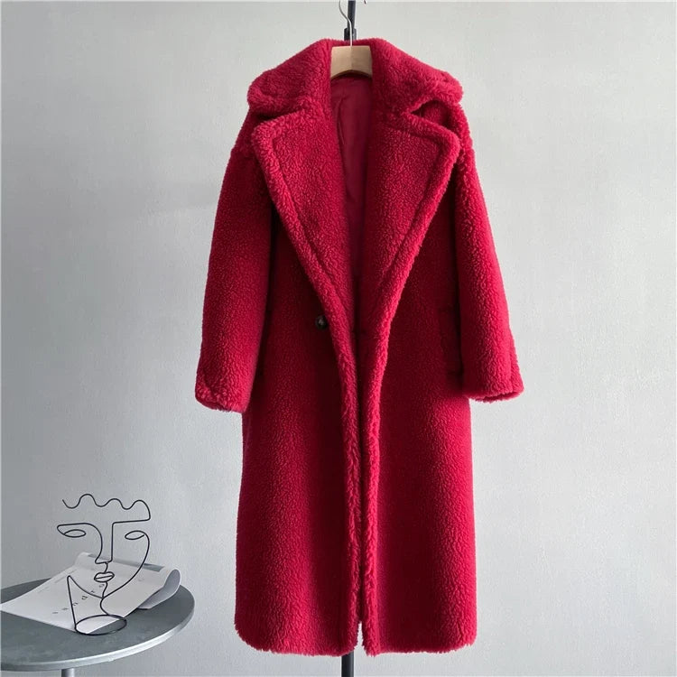 Manteau long femme teddy effet mouton marron chaud