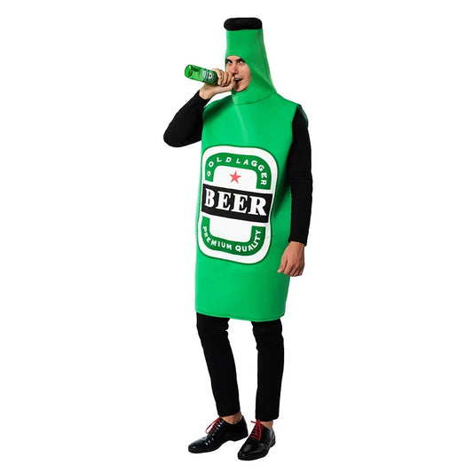 Disfraz de botella de cerveza verde para adulto con tocado integrado e inscripción «BEER»