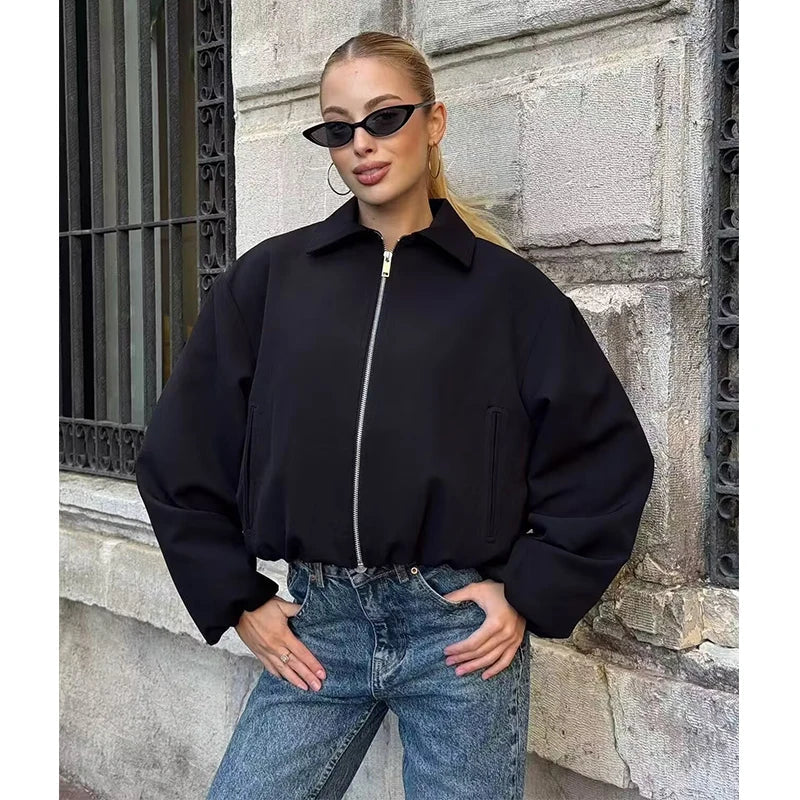 Blouson court femme décontracté à col chemise et manches amples
