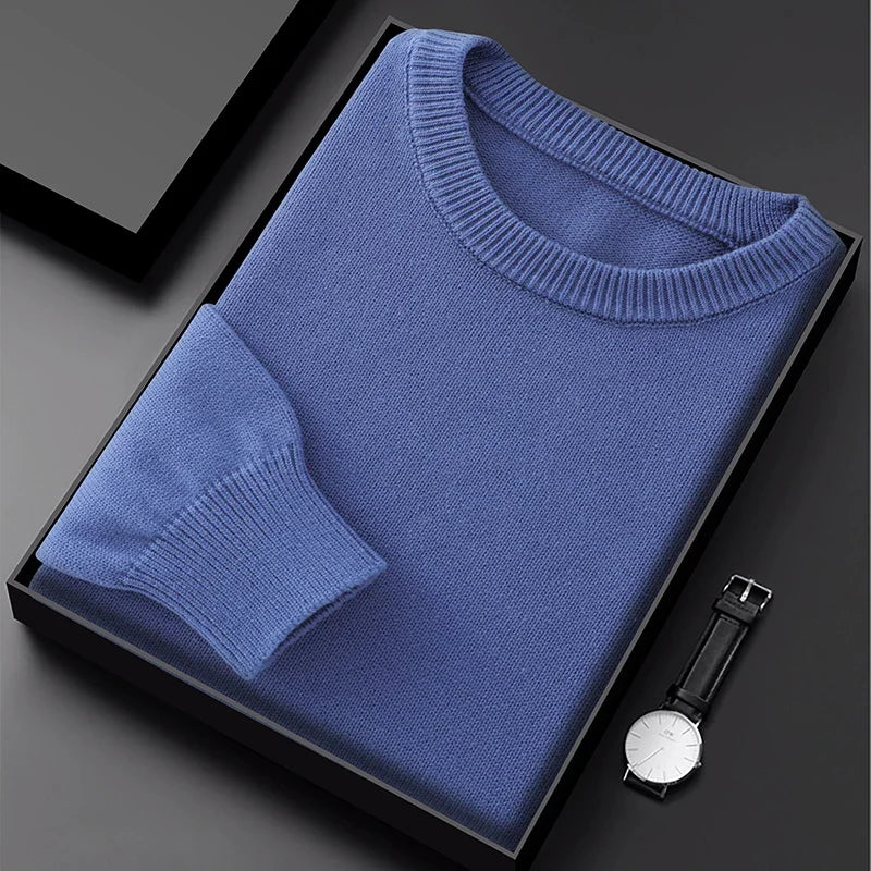 Pull homme col rond maille unie manches longues ajusté décontracté bleu