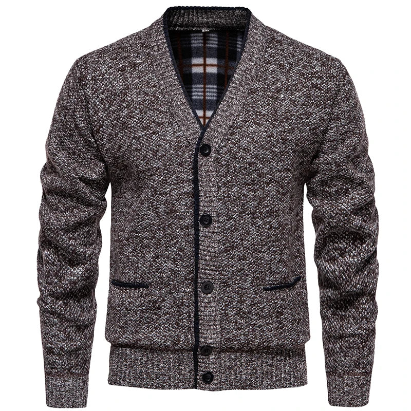 Cardigan for menn i melert strikk med V-hals og knapper, klassisk passform