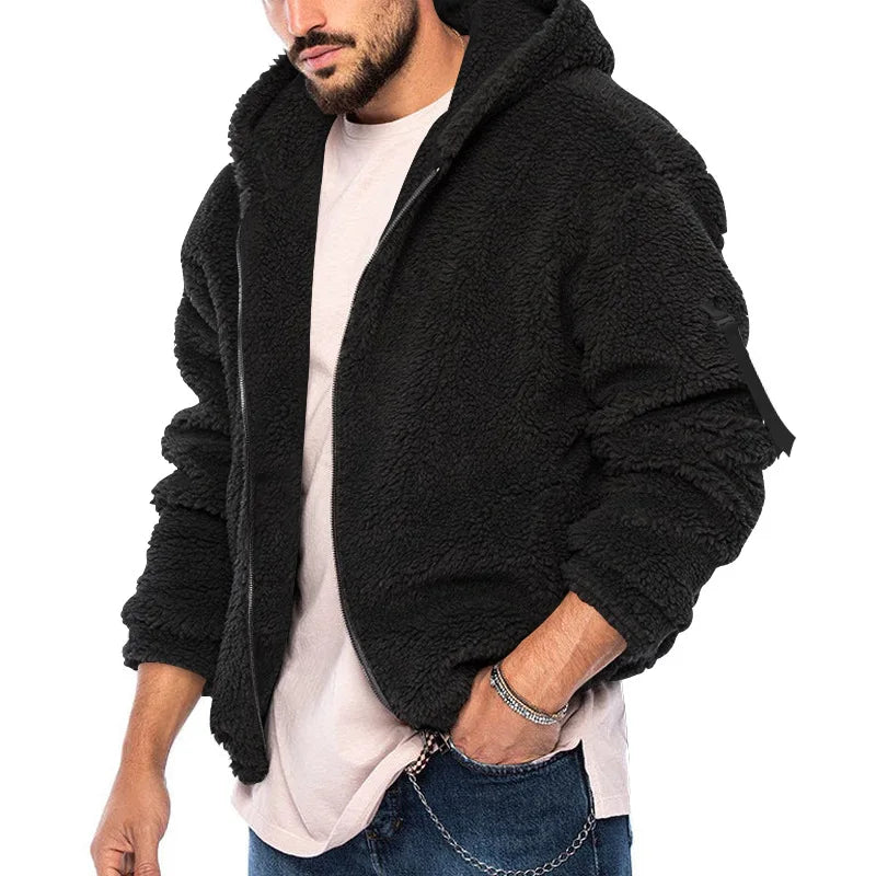Men's hooded jacket in soft sheepskin-effect fabric, zippered, multiple colors