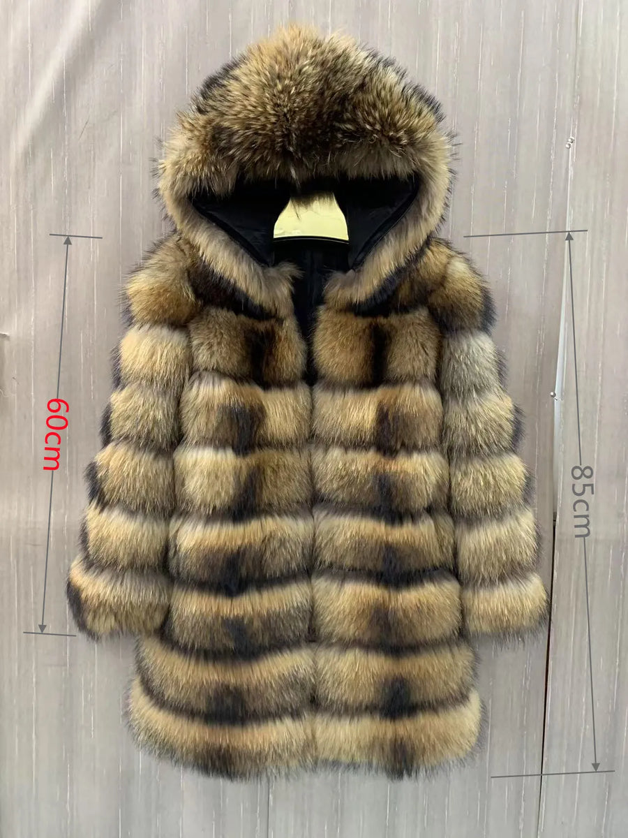 Manteau long à capuche aspect fourrure marron clair et foncé