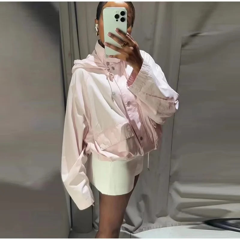 Veste légère à capuche pour femme rose poudré avec poches et cordons de serrage