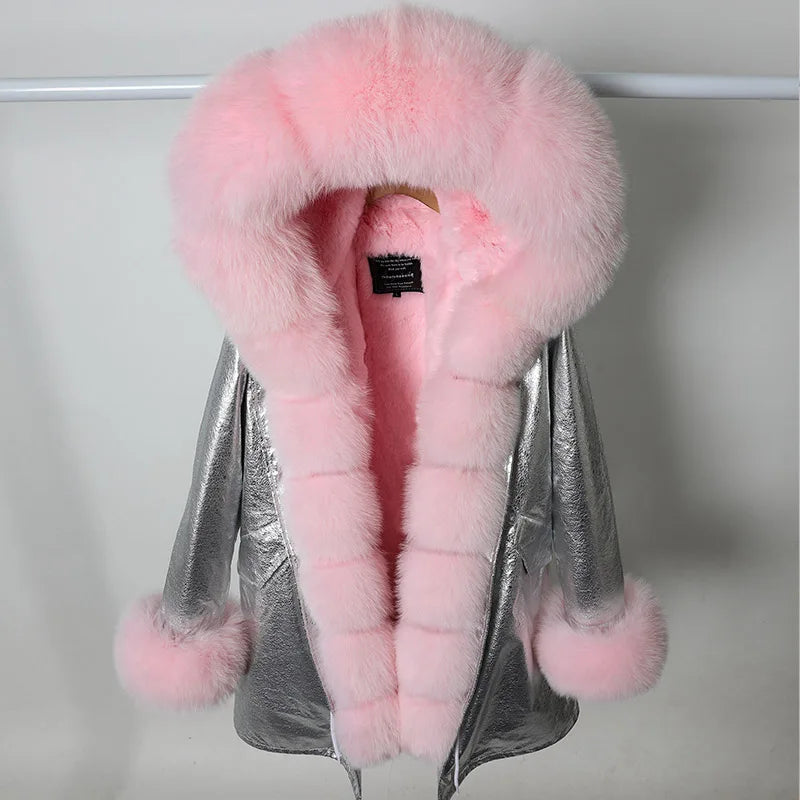 Parka invernale da donna con cappuccio, pelliccia rosa e fodera calda